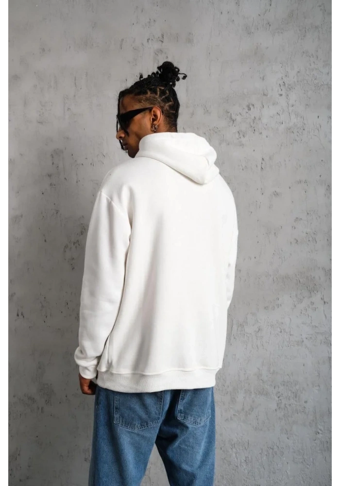 Erkek 3 İplik Pamuklu Kapüşonlu Baskılı Cepli Oversize Sweatshirt Hoodie - Beyaz