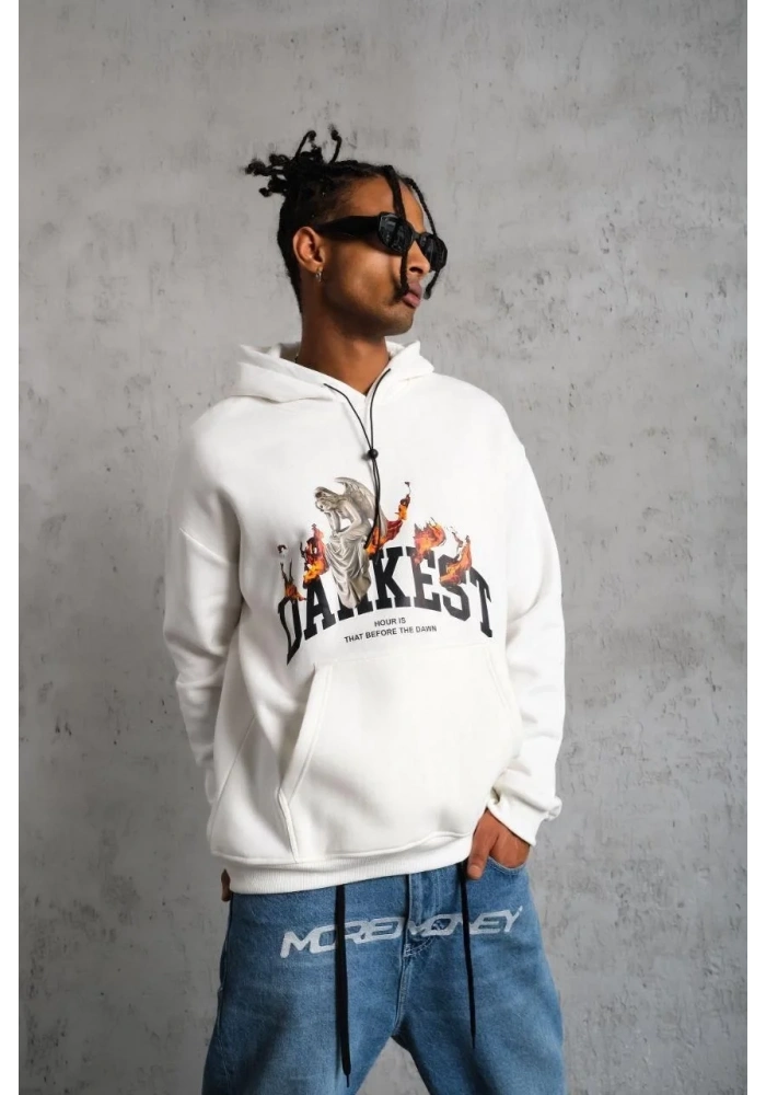 Erkek 3 İplik Pamuklu Kapüşonlu Baskılı Cepli Oversize Sweatshirt Hoodie - Beyaz