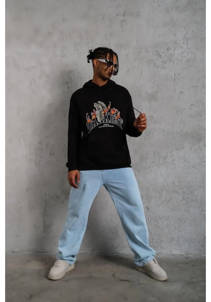 Erkek 3 İplik Pamuklu Kapüşonlu Baskılı Cepli Oversize Sweatshirt Hoodie - Siyah