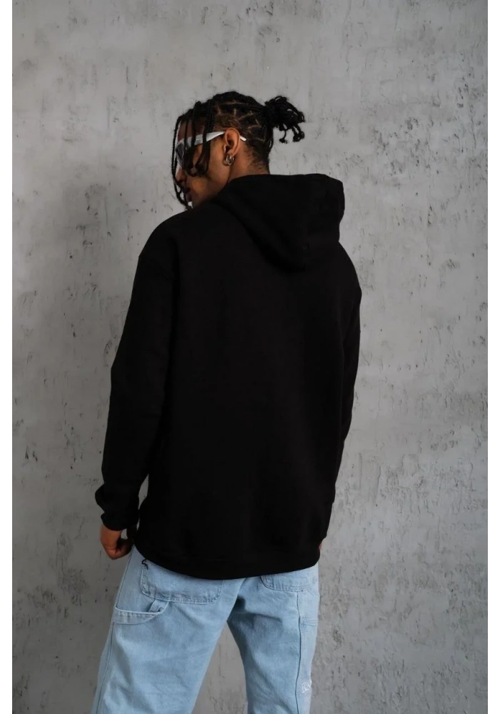 Erkek 3 İplik Pamuklu Kapüşonlu Baskılı Cepli Oversize Sweatshirt Hoodie - Siyah