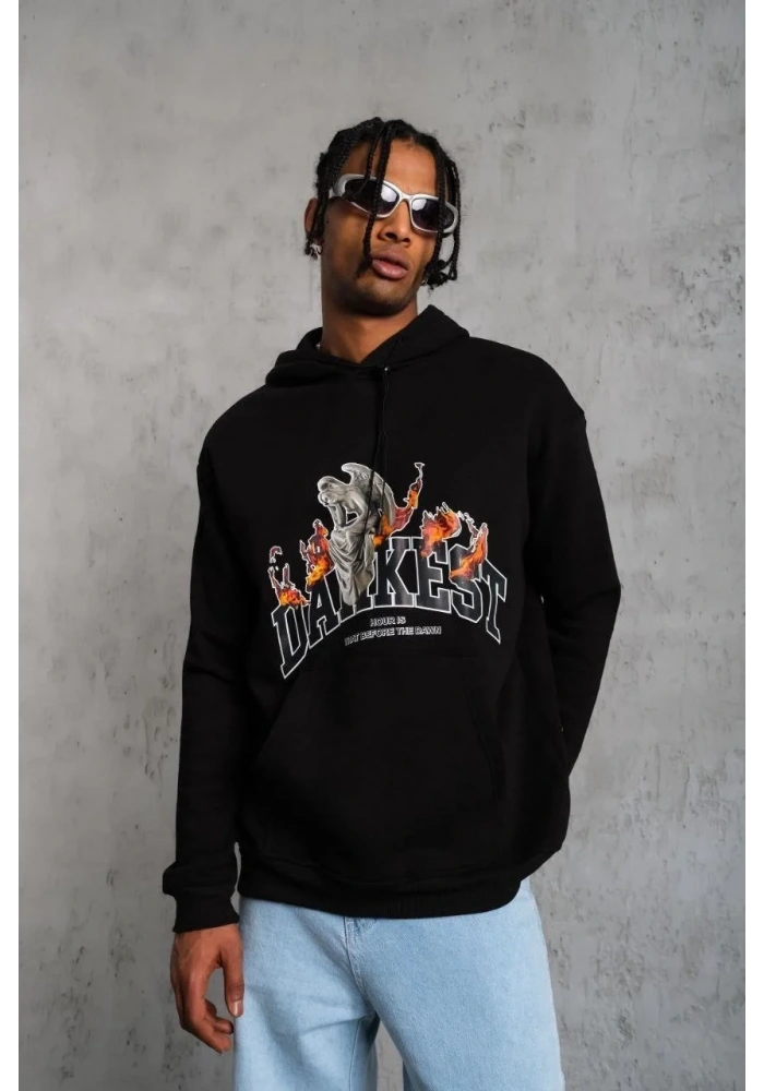 Erkek 3 İplik Pamuklu Kapüşonlu Baskılı Cepli Oversize Sweatshirt Hoodie - Siyah