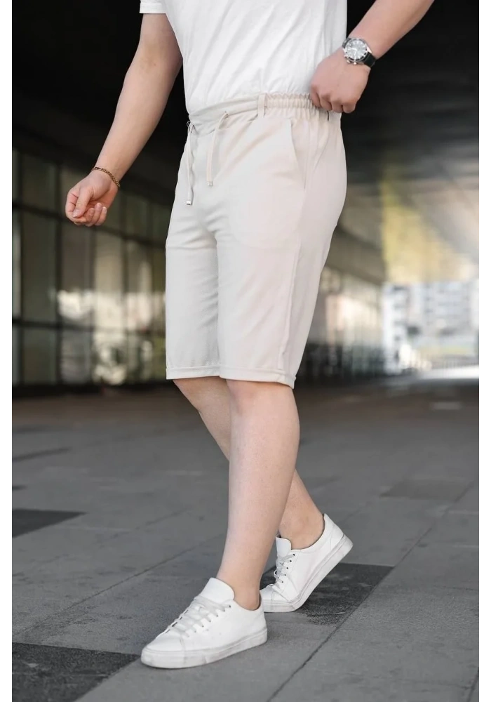 Erkek Diagonel Kumaş Duble Paça Cepli Bağcıklı Bel Lastikli ŞORT - Krem