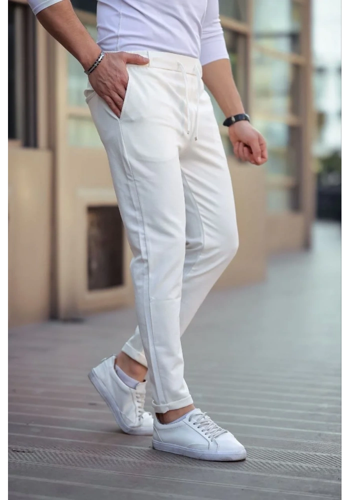 Erkek Diagonel Mikro dokulu Cepli Beli Lastilki Pantolon - Bej