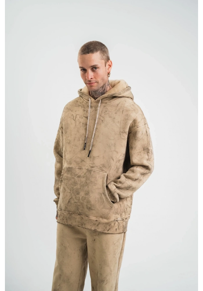 ERKEK 3 iplik Pamuklu Oversize Kapüşonlu Yıkamalı Hoodie SweatShirt - Bej