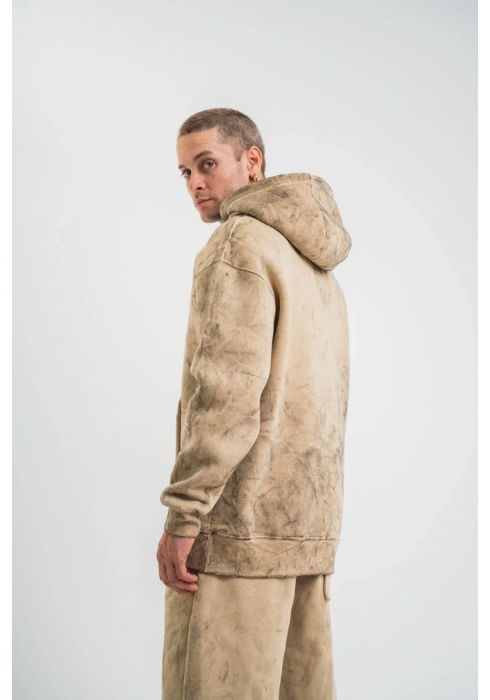 ERKEK 3 iplik Pamuklu Oversize Kapüşonlu Yıkamalı Hoodie SweatShirt - Bej