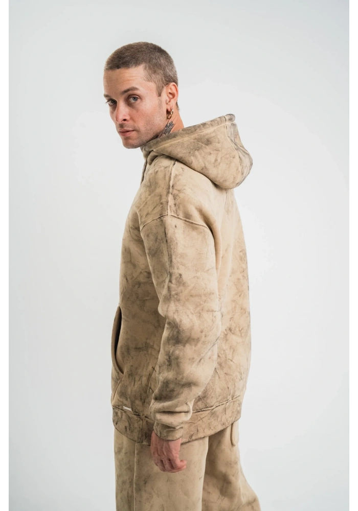 ERKEK 3 iplik Pamuklu Oversize Kapüşonlu Yıkamalı Hoodie SweatShirt - Bej