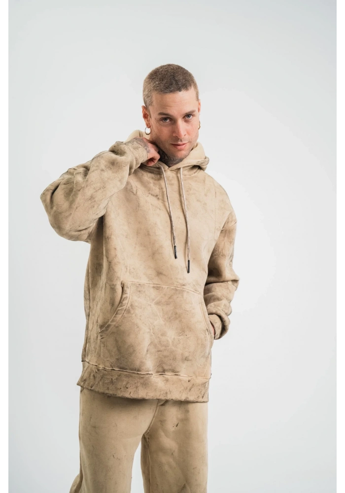 ERKEK 3 iplik Pamuklu Oversize Kapüşonlu Yıkamalı Hoodie SweatShirt - Bej