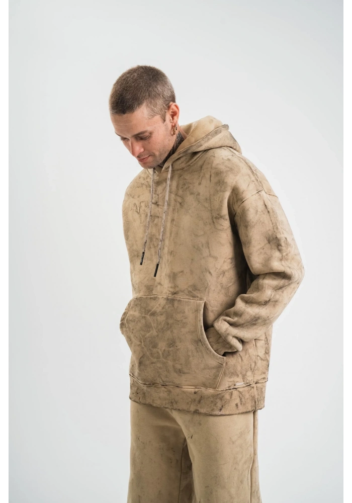 ERKEK 3 iplik Pamuklu Oversize Kapüşonlu Yıkamalı Hoodie SweatShirt - Bej