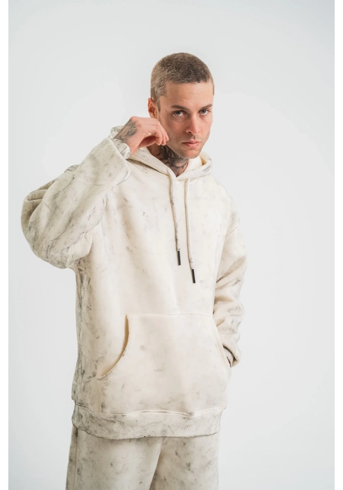 ERKEK  3 iplik Pamuklu Oversize Kapşonlu Yıkamalı SweatShirt Hoodie - Krem