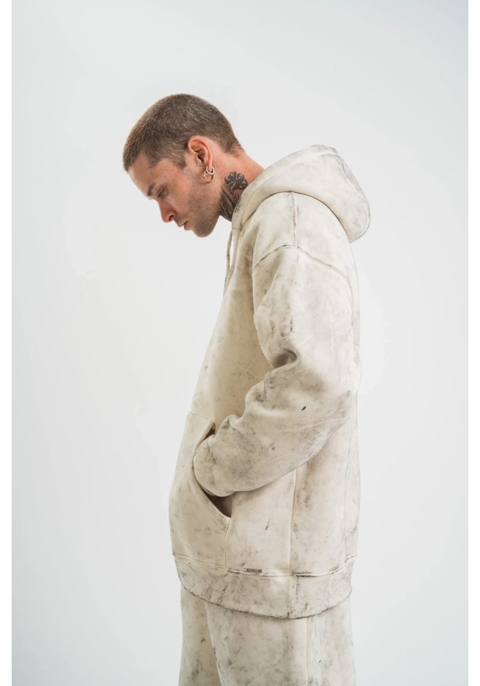 ERKEK  3 iplik Pamuklu Oversize Kapşonlu Yıkamalı SweatShirt Hoodie - Krem