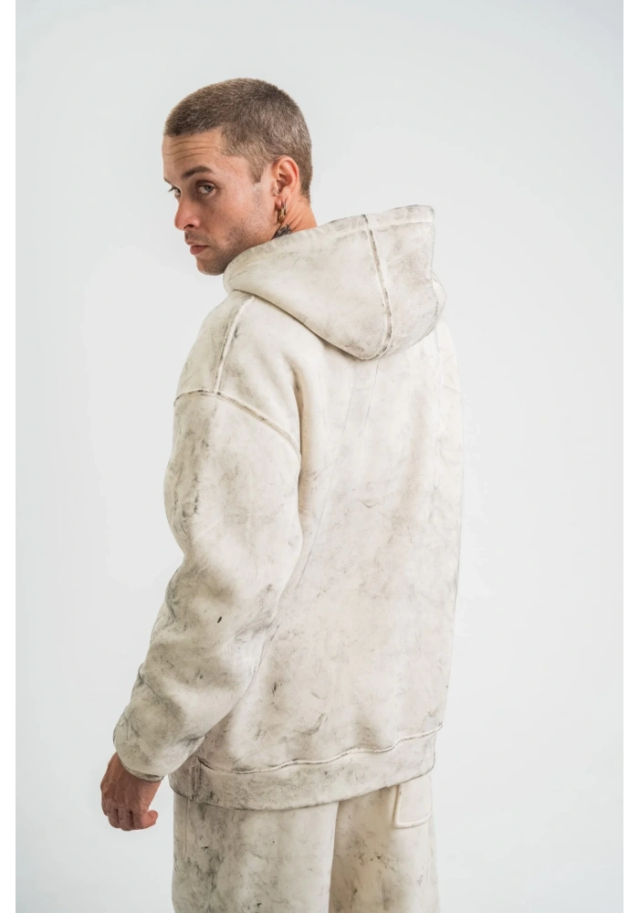 ERKEK  3 iplik Pamuklu Oversize Kapşonlu Yıkamalı SweatShirt Hoodie - Krem