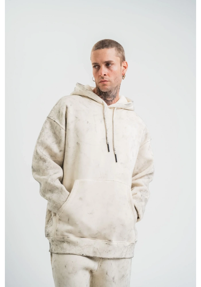 ERKEK  3 iplik Pamuklu Oversize Kapşonlu Yıkamalı SweatShirt Hoodie - Krem