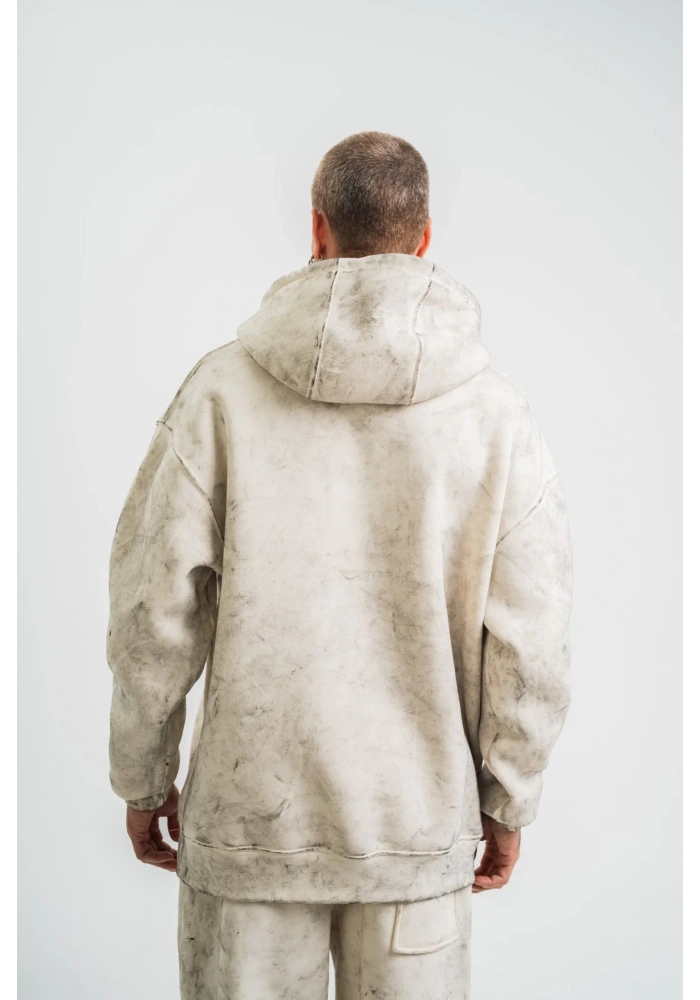 ERKEK  3 iplik Pamuklu Oversize Kapşonlu Yıkamalı SweatShirt Hoodie - Krem