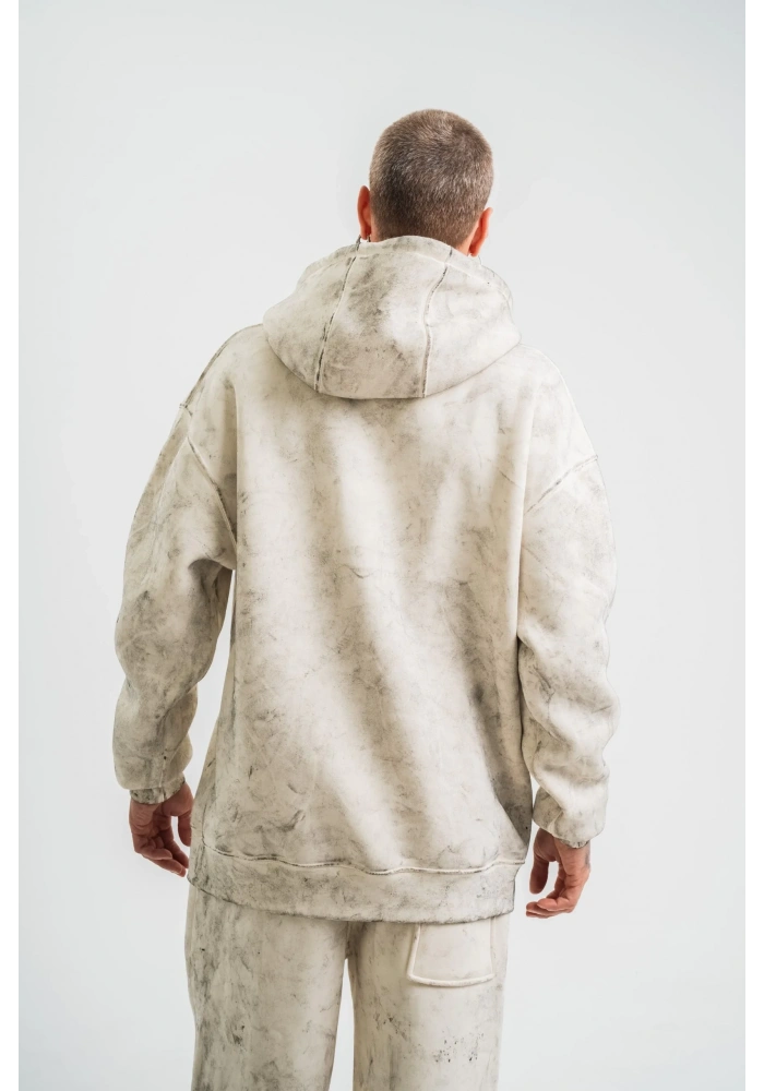 ERKEK  3 iplik Pamuklu Oversize Kapşonlu Yıkamalı SweatShirt Hoodie - Krem