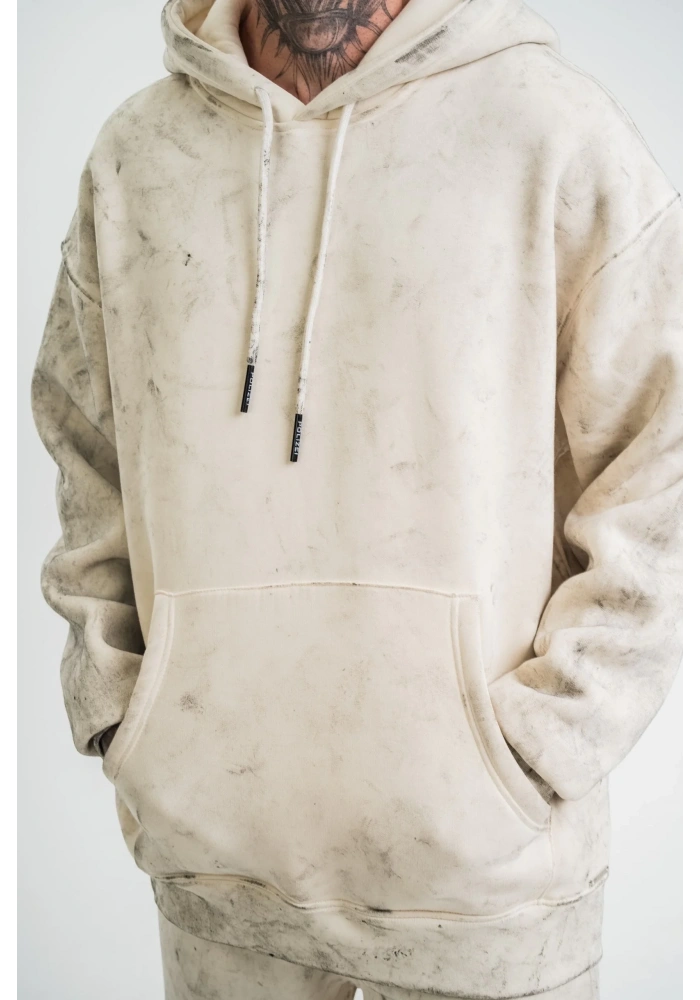 ERKEK  3 iplik Pamuklu Oversize Kapşonlu Yıkamalı SweatShirt Hoodie - Krem