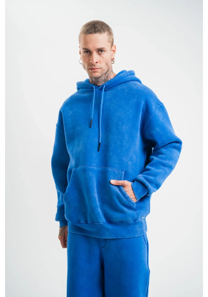 ERKEK 3 İplik Pamuklu Oversize Kapüşonlu Yıkamalı Hoodie SweatShirt - Mavi