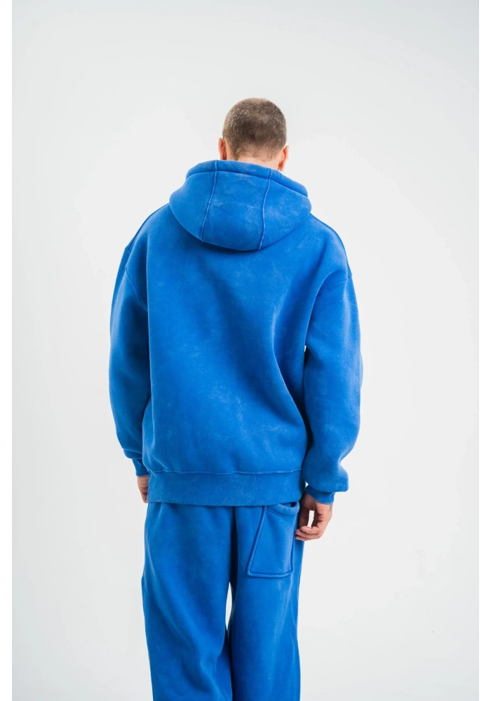 ERKEK 3 İplik Pamuklu Oversize Kapüşonlu Yıkamalı Hoodie SweatShirt - Mavi