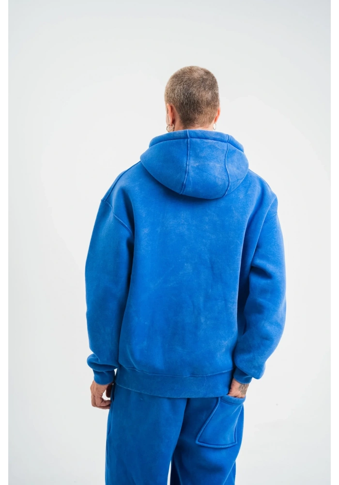 ERKEK 3 İplik Pamuklu Oversize Kapüşonlu Yıkamalı Hoodie SweatShirt - Mavi