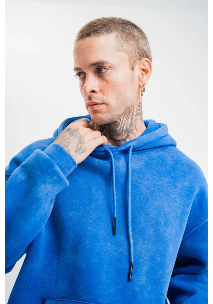 ERKEK 3 İplik Pamuklu Oversize Kapüşonlu Yıkamalı Hoodie SweatShirt - Mavi