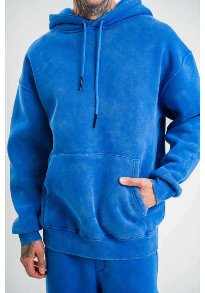 ERKEK 3 İplik Pamuklu Oversize Kapüşonlu Yıkamalı Hoodie SweatShirt - Mavi