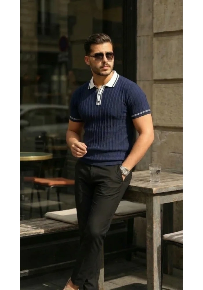 Erkek Düğme Yakalı Kontrast Yaka Triko Tişört