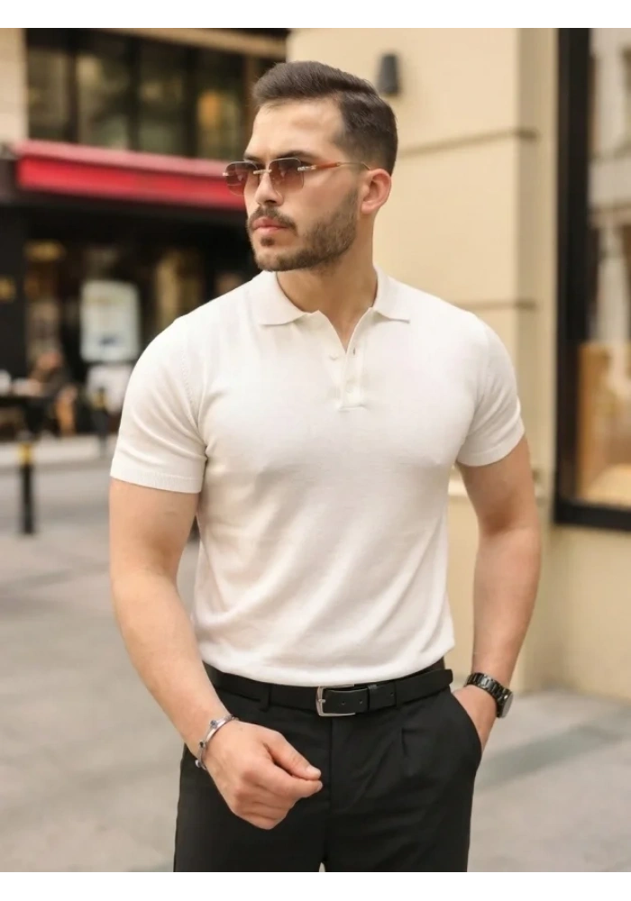 Erkek Düğmeli Yaka Pamuk Triko Tişört