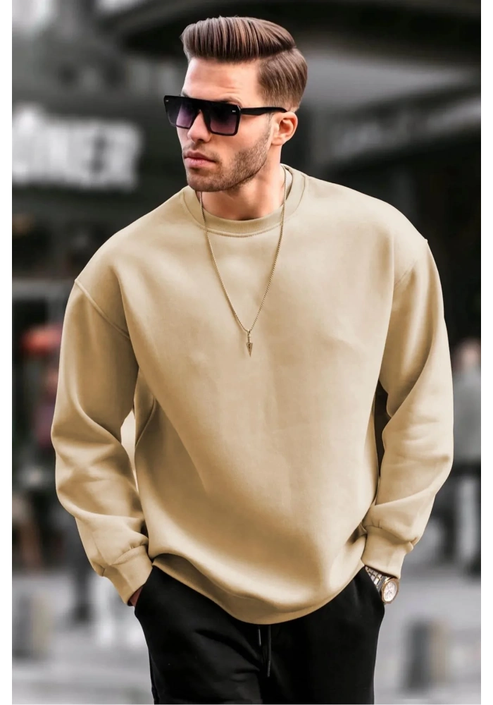 Erkek Düz Bisiklet Yaka Sweat - Bej
