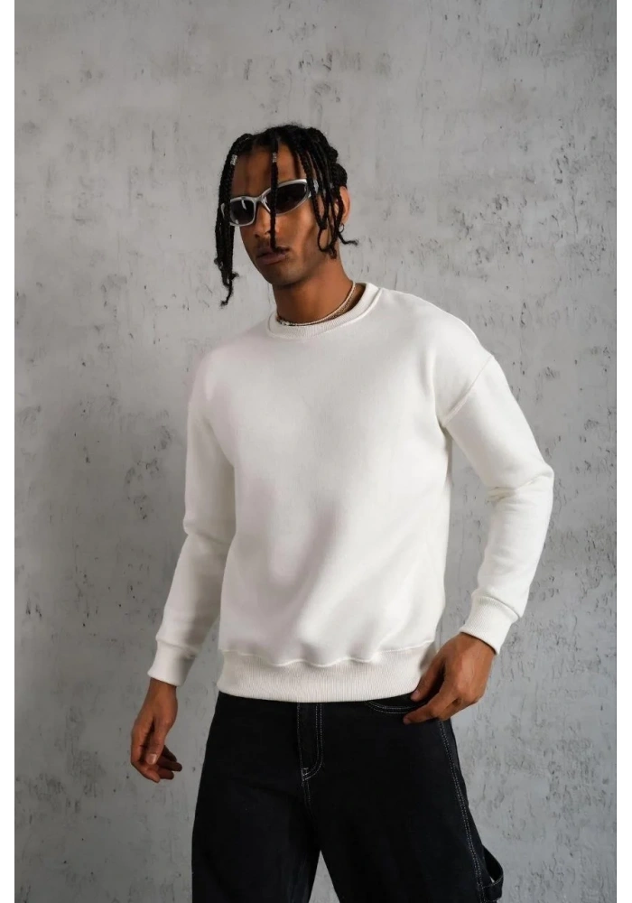 Erkek Düz Bisiklet Yaka Sweat - Beyaz