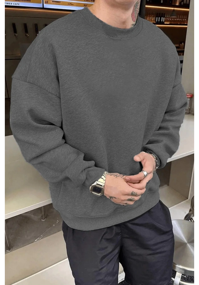 Erkek Düz Bisiklet Yaka Sweat - Füme