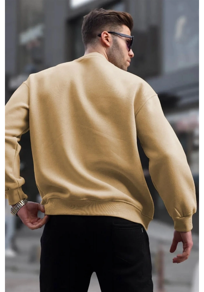 Erkek Düz Bisiklet Yaka 3 iplik pamuklu Sweatshirt - Bej