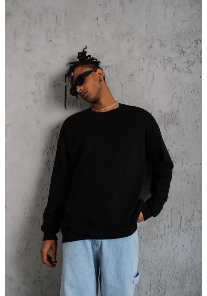 Erkek Bisiklet Yaka Baskılı 3 İplik Pamuklu Sweatshirt -  Siyah