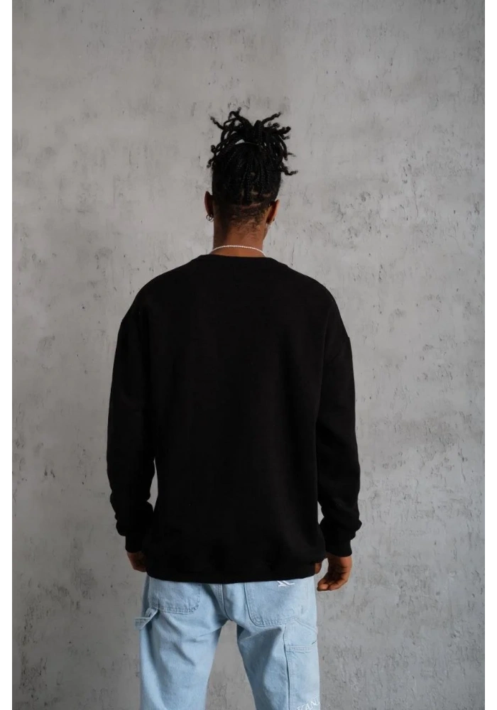 Erkek Bisiklet Yaka Baskılı 3 İplik Pamuklu Sweatshirt -  Siyah