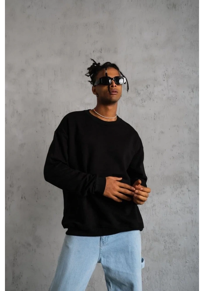 Erkek Bisiklet Yaka Baskılı 3 İplik Pamuklu Sweatshirt -  Siyah