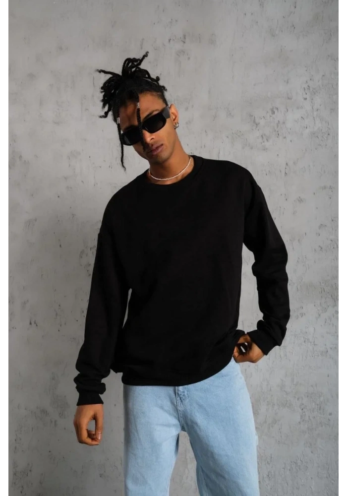 Erkek Bisiklet Yaka Baskılı 3 İplik Pamuklu Sweatshirt -  Siyah