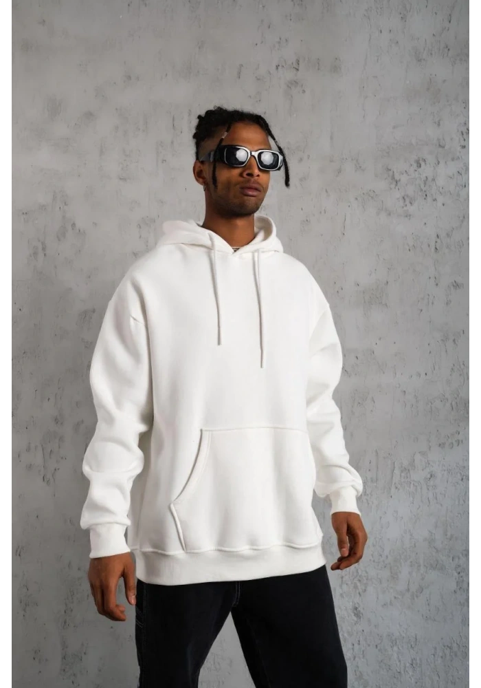 Erkek Düz Kapüşonlu Sweat - Beyaz