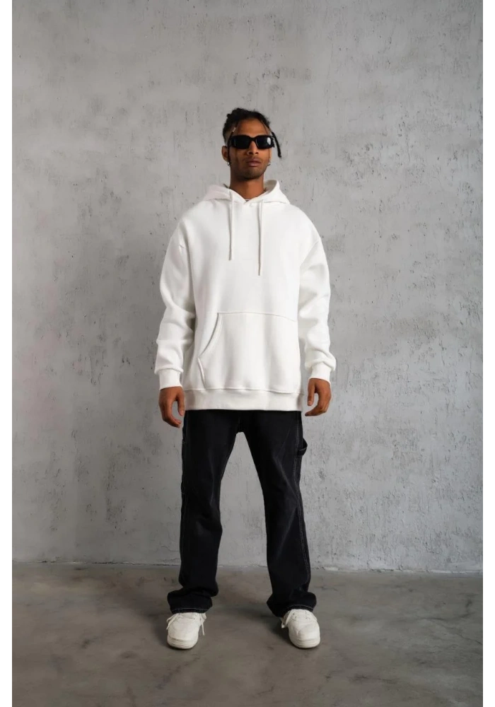 Erkek Düz Kapüşonlu Sweat - Beyaz