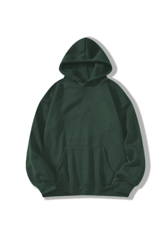 Erkek Düz Kapüşonlu Sweat - Koyu Yeşil