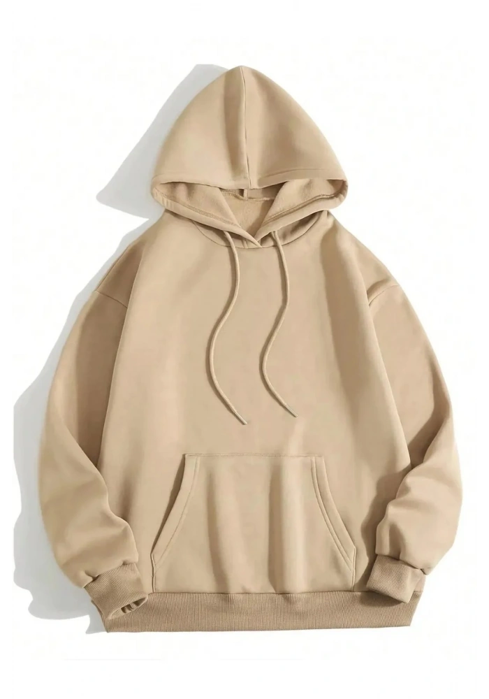 Erkek 3 İplik Pamuklu Kapüşonlu Kanguru Cepli Sweatshirt Hoodie -  Bej