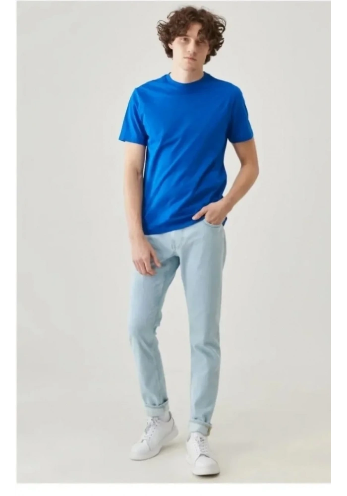 Erkek Düz Penye Tişört Bisiklet Yaka Kısa Kol Regular Fit T-Shirt - Mavi