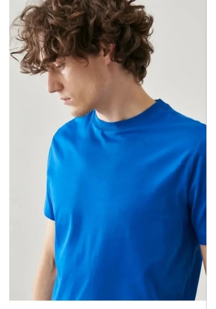 Erkek Düz Penye Tişört Bisiklet Yaka Kısa Kol Regular Fit T-Shirt - Mavi