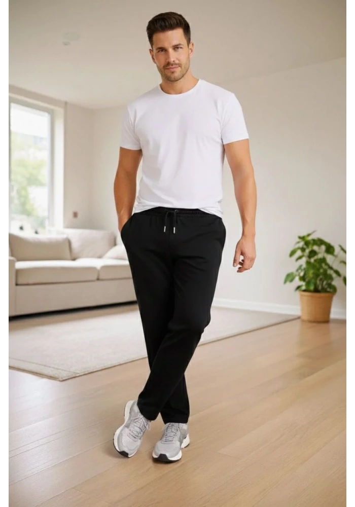 Erkek Düz Paça Beli Lastikli İpli Günlük Spor Eşofman Altı Rahat Fit - Siyah