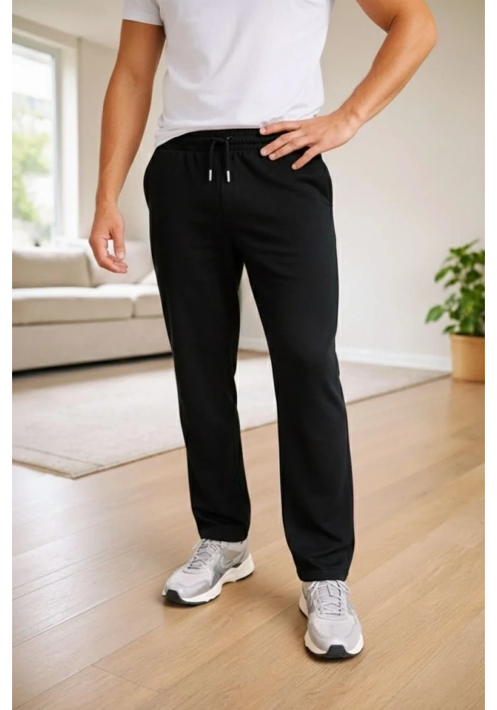 Erkek Düz Paça Beli Lastikli İpli Günlük Spor Eşofman Altı Rahat Fit - Siyah