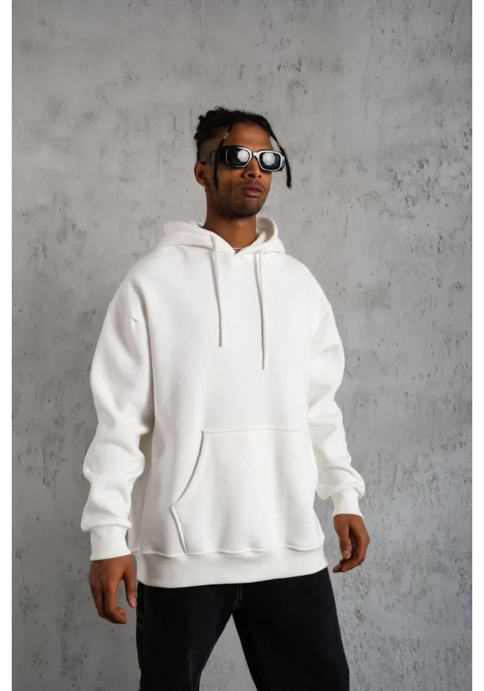 Erkek 3 İplik Pamuklu Kapüşonlu Kanguru Cepli Sweatshirt Hoodie - Beyaz