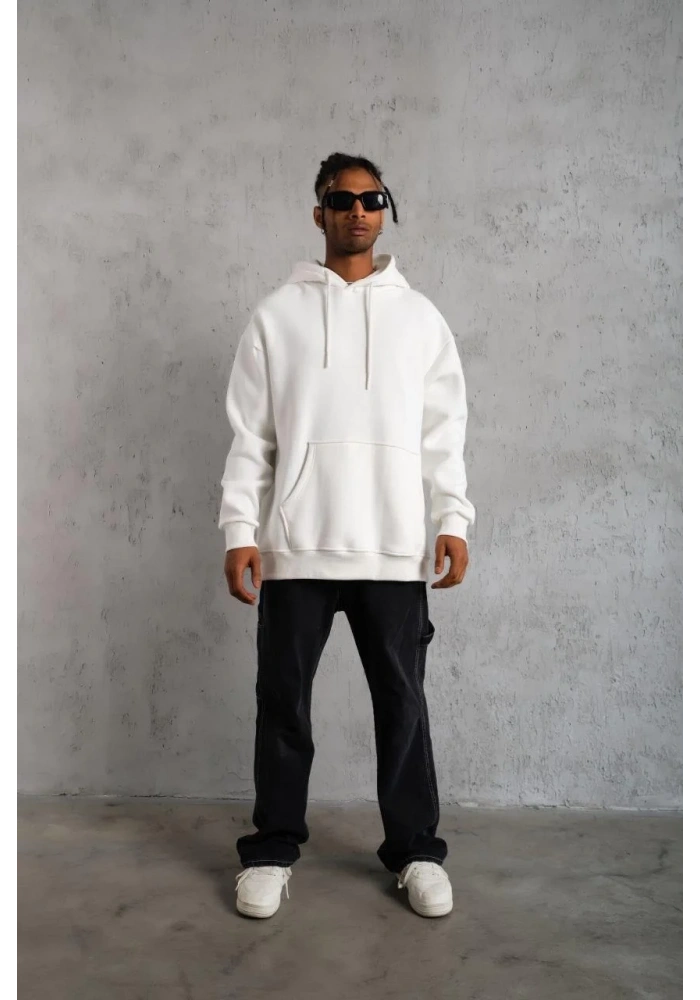 Erkek 3 İplik Pamuklu Kapüşonlu Kanguru Cepli Sweatshirt Hoodie - Beyaz