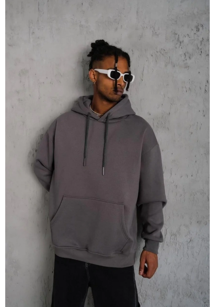 Erkek 3 İplik Pamuklu Kapüşonlu Kanguru Cepli Sweatshirt Hoodie - Gri