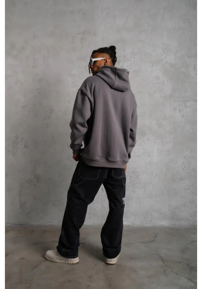 Erkek 3 İplik Pamuklu Kapüşonlu Kanguru Cepli Sweatshirt Hoodie - Gri