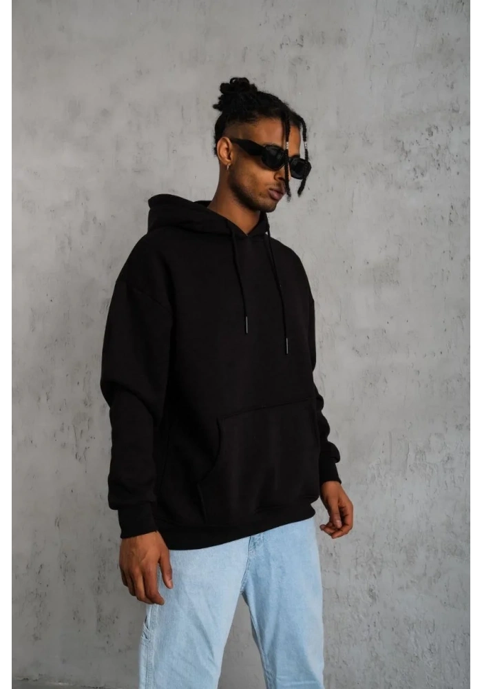 Erkek 3 İplik Pamuklu Kapüşonlu Kanguru Cepli Sweatshirt Hoodie -  Siyah