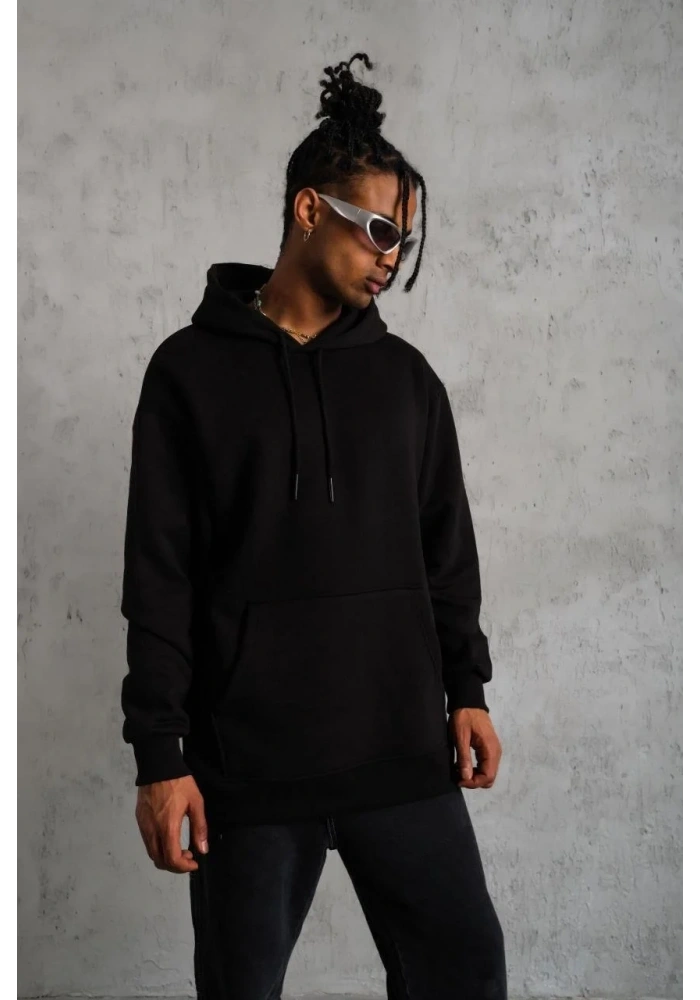 Erkek 3 İplik Pamuklu Kapüşonlu Kanguru Cepli Sweatshirt Hoodie -  Siyah