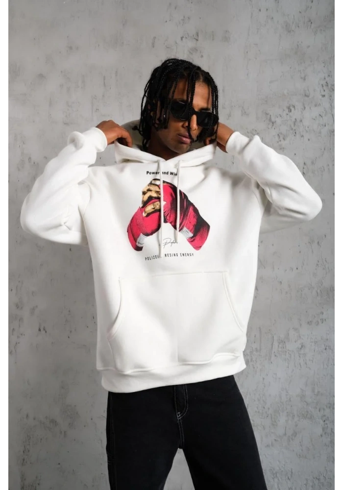 Erkek Eldiven Baskılı Kapüşonlu Sweat - Beyaz