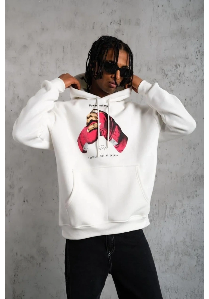 Erkek Kapüşonlu Cepli Boks Eldiven Baskılı 3 İplik Sweatshirt Hoodie - Beyaz